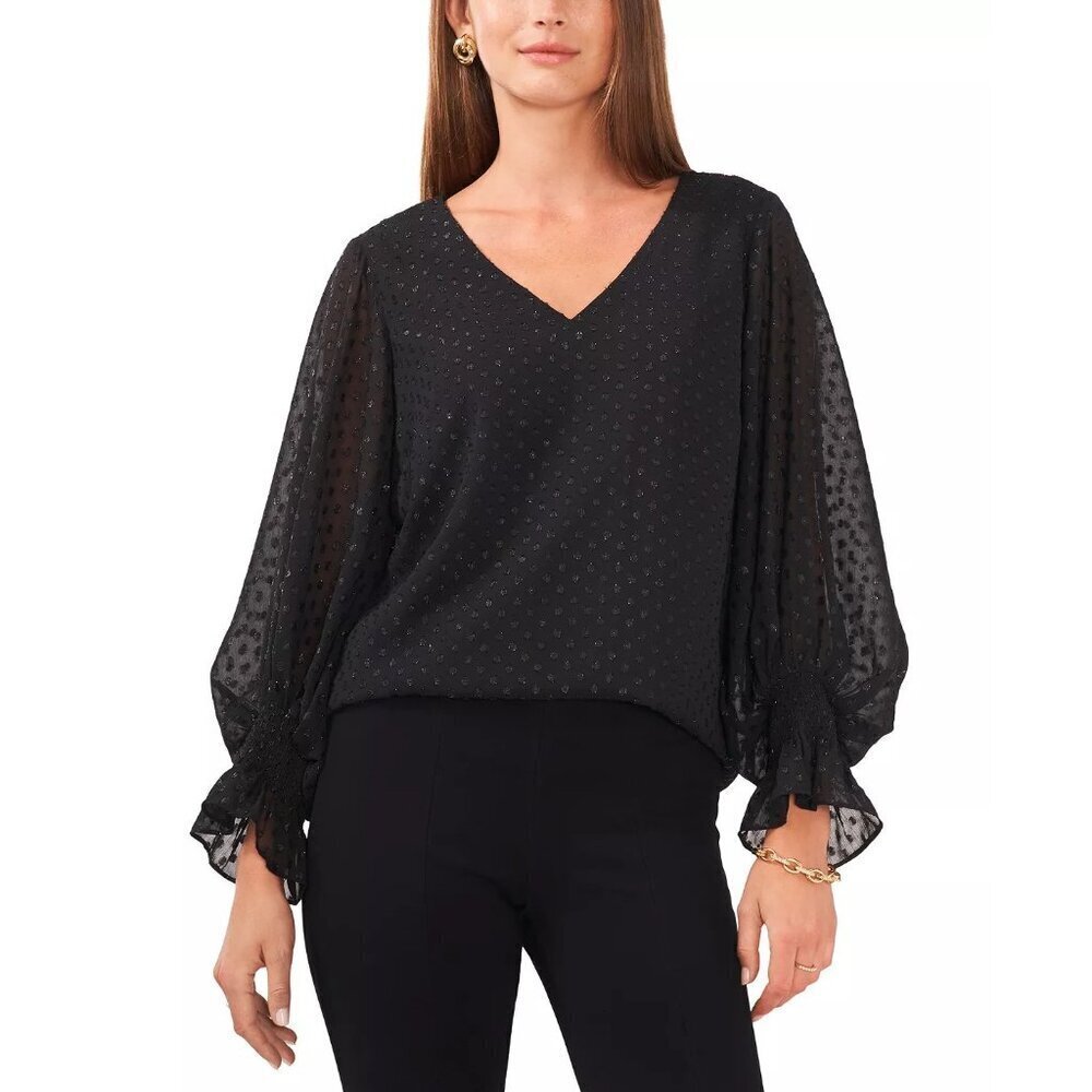 MSK Womens Large Long Sleeve Clip-Dot Smocked-Cuff Chiffon Top in Black $69 619